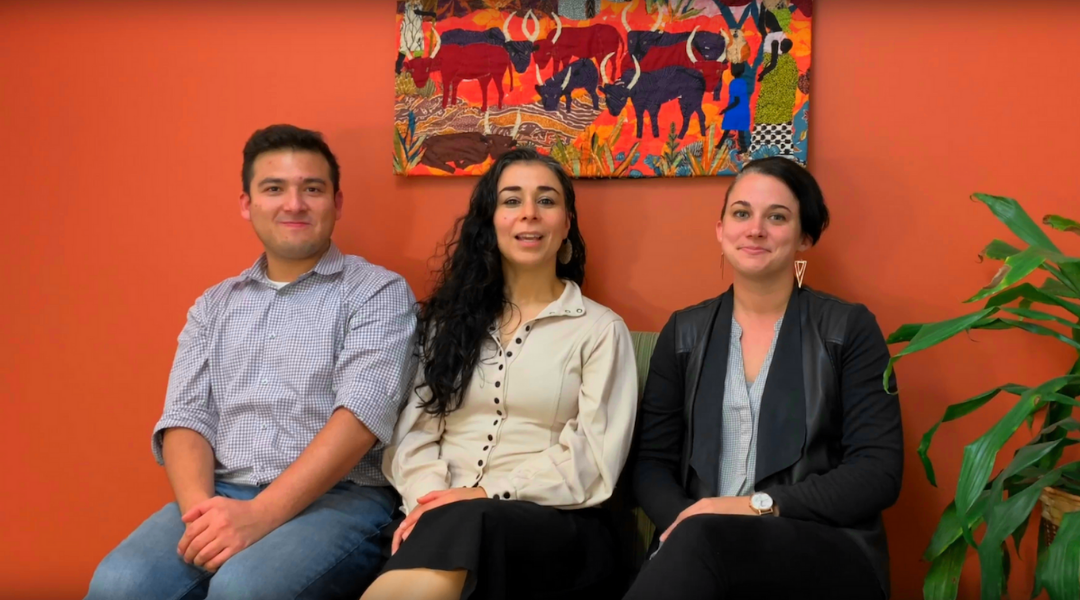 Xavier Erguera, Parya Saberi, and Angie Wootton (Left to right) talk about research projects with technology and youth living with HIV