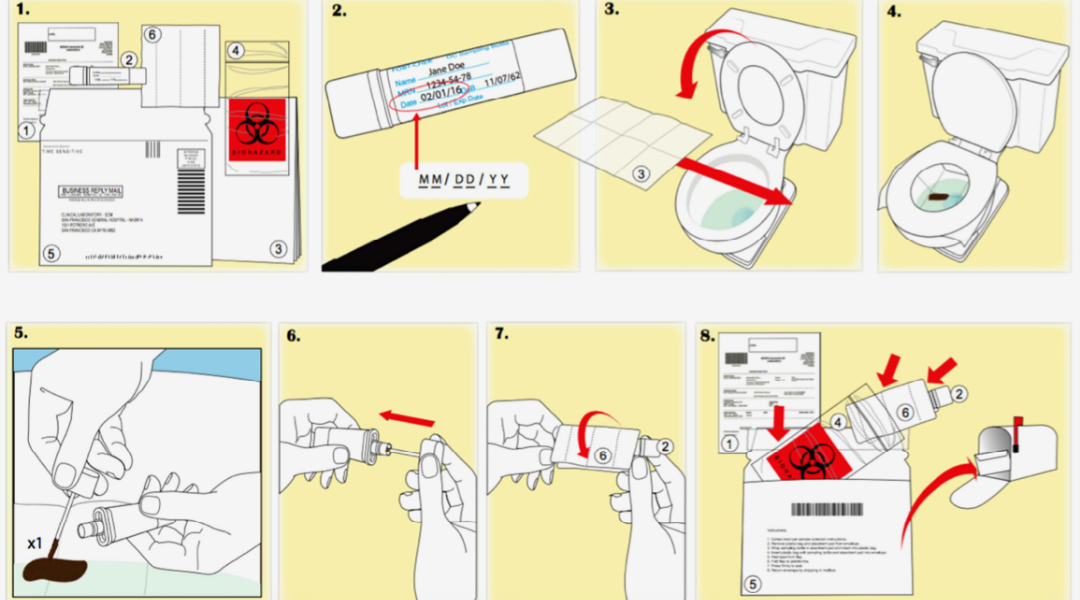 low-literacy instruction graphic with steps to handle fecal immunochemical test sample for patient