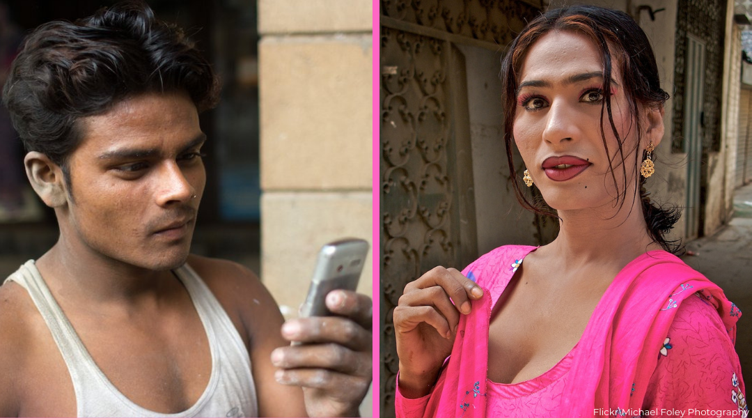 left is an Indian man holding up a mobile phone and right is a hijra (transgender woman in India) in pink garment