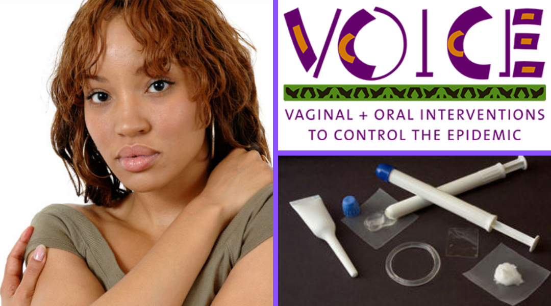 VOICE study logo, young African woman, and vaginal gel