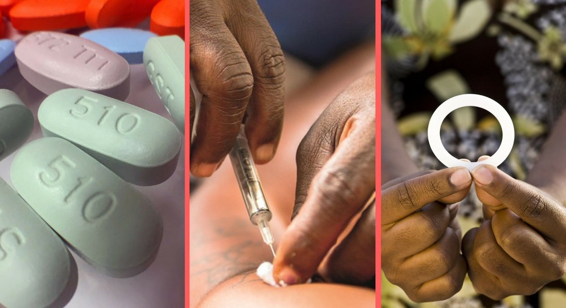 HIV medication pills, injection, and woman holding up vaginal ring