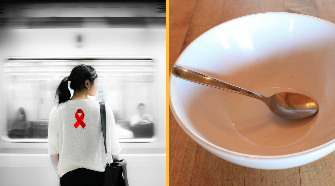 Left is Woman waiting for subway train to stop and right is empty bowl with spoon