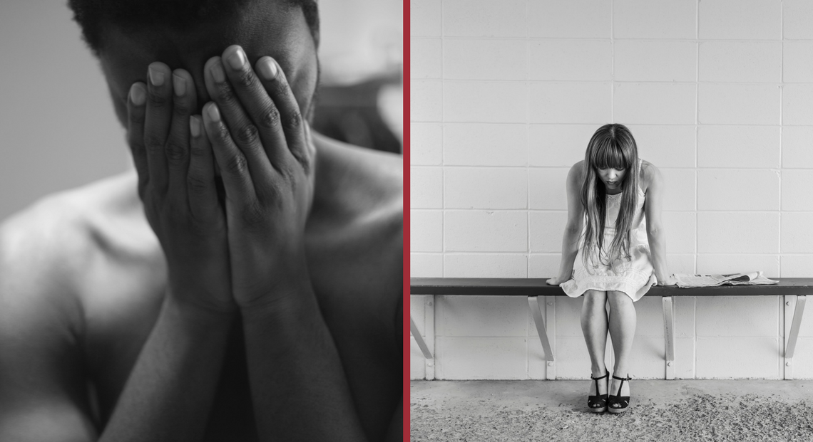 left is a person with both hands covering face and right is young woman sitting on bench with head down