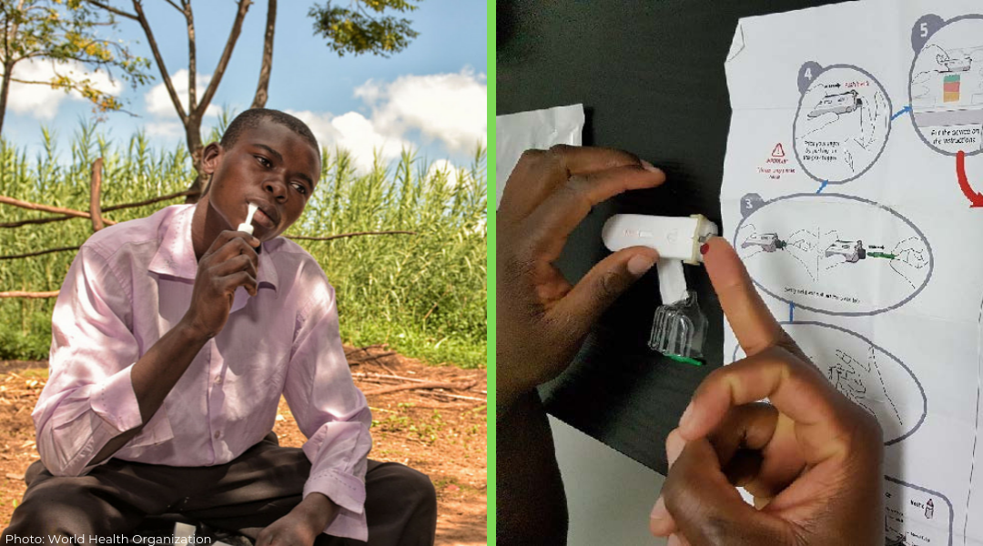 left is Kenyan young man swabbing his mouth for HIV self-test kit and right is self finger prick for HIV blood test