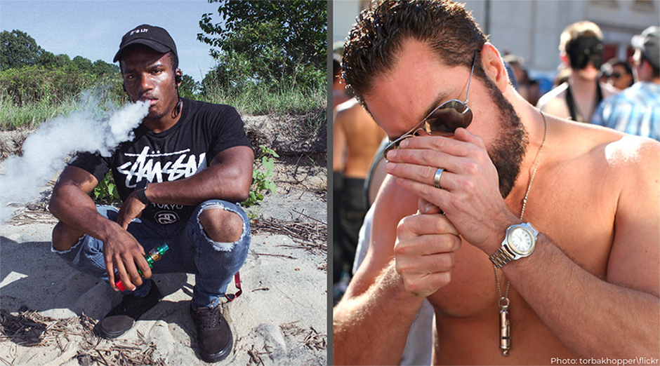 left is a young Black man sitting down vaping and right is white man lighting up to smoke