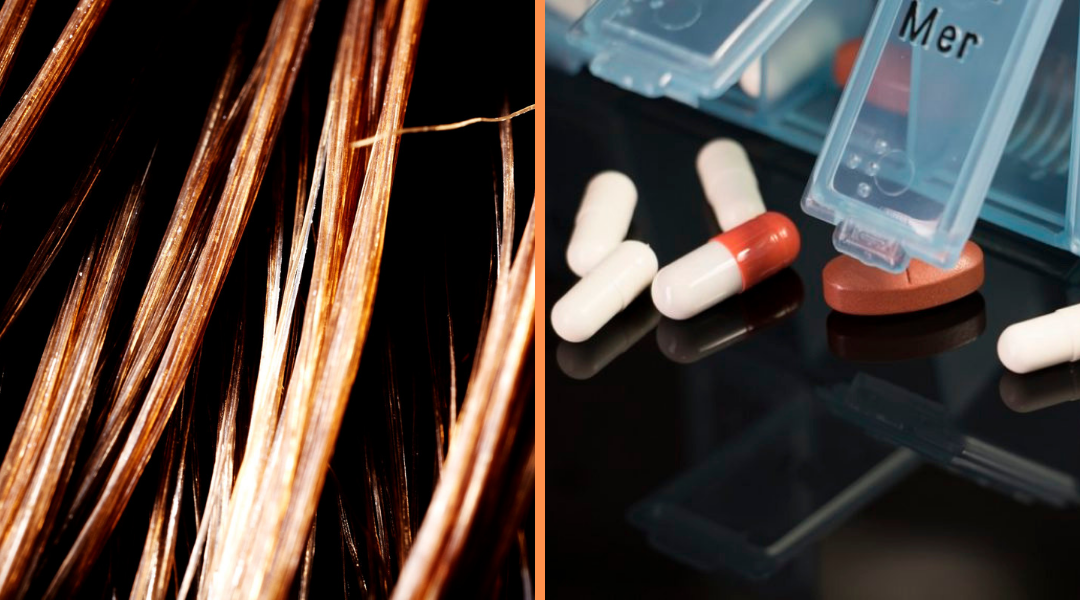 Left is magnification of hair and left is an open pill box with pills falling out