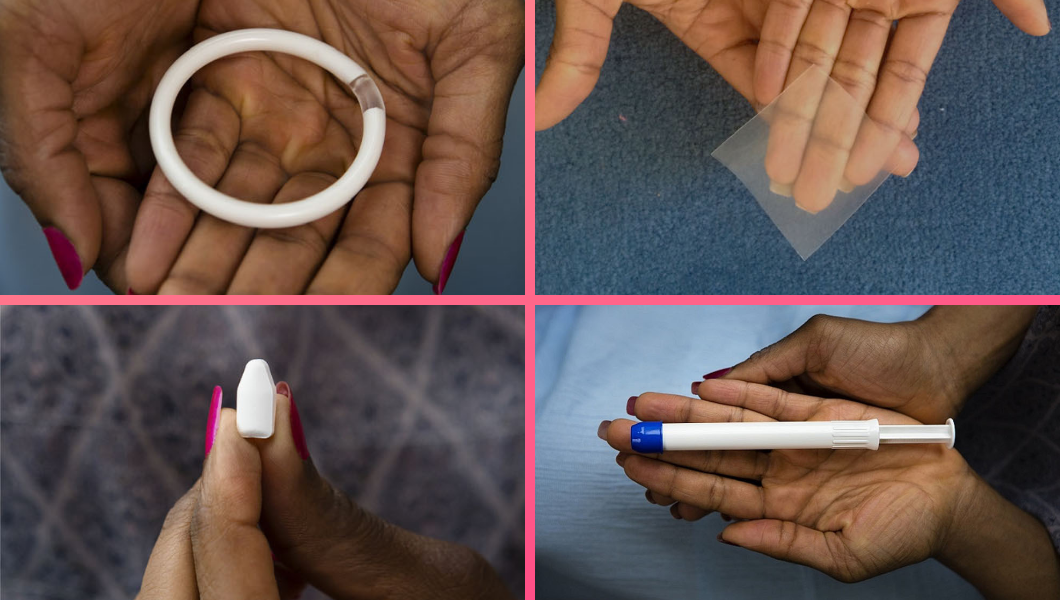 Quatro study products, all placebo. Clockwise from top left: Polyurethane vaginal ring, vaginal film, vaginal gel (inside applicator), vaginal insert