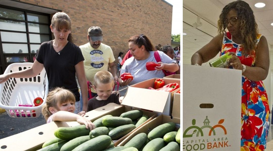 A family visits a food bank with fresh vegetables. A food bank volunteer fills a box.