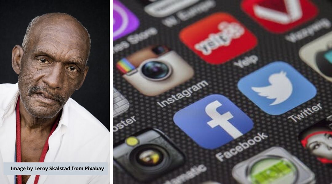 An older black man on the left.  Photo of apps on a iphone on the right.