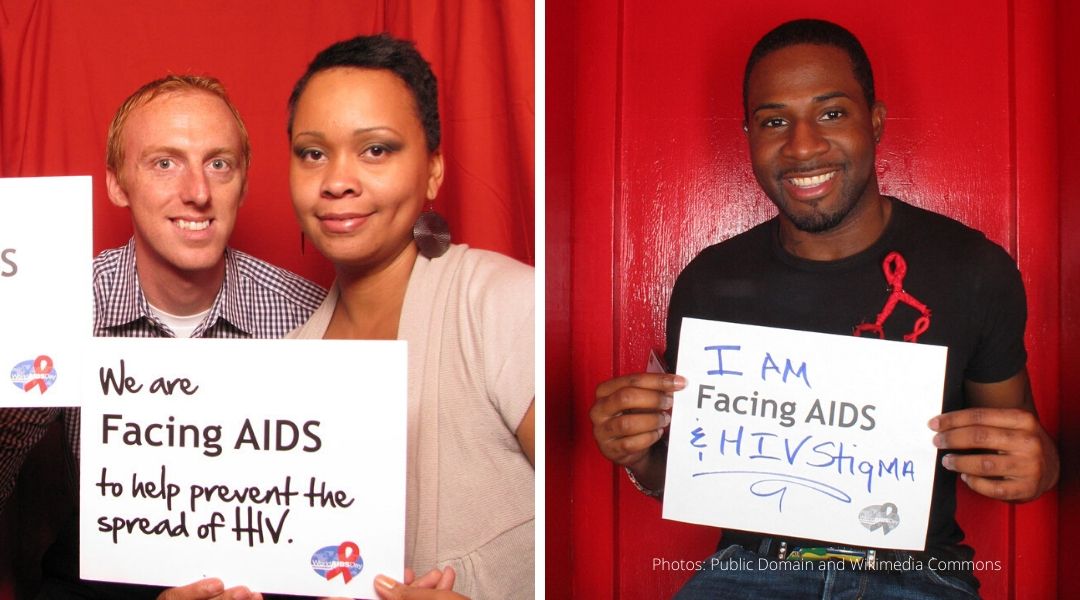 Three HIV activists hold signs fighting HIV stigma